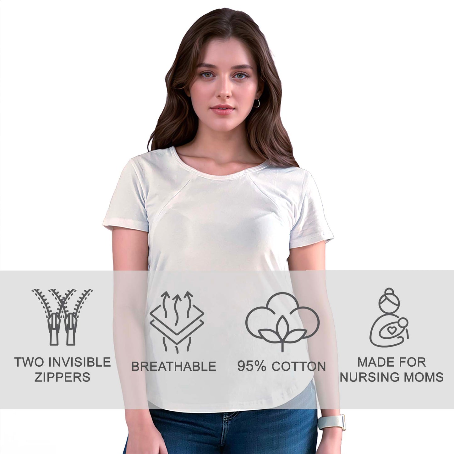 White Cotton Nursing T-Shirt for Breastfeeding - Comfortable, Stylish Top with Hidden Zippers