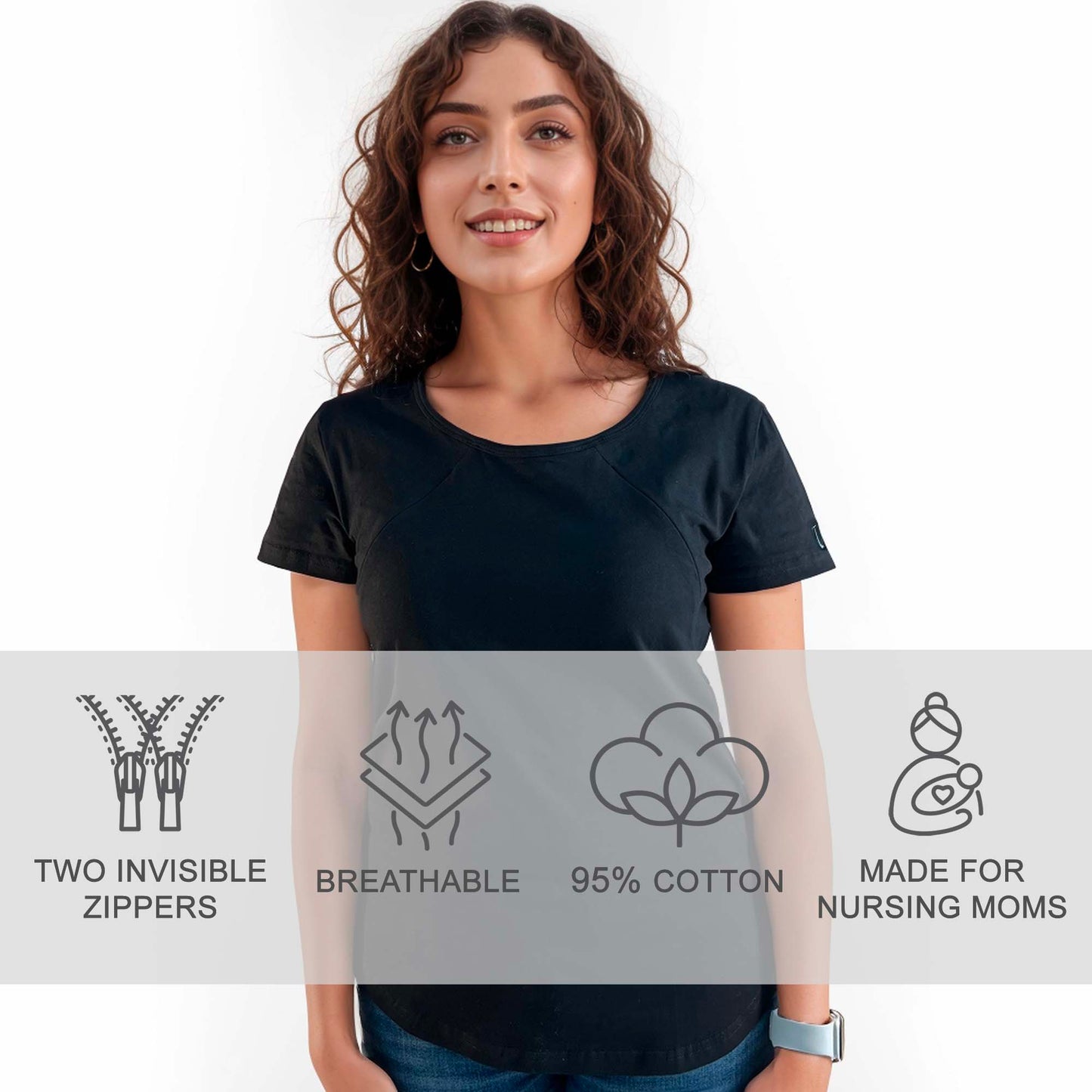 Diagonal Zip Tee in Black: Cotton Nursing T-Shirt for Breastfeeding - Comfortable, Stretchy Top with Hidden Zippers