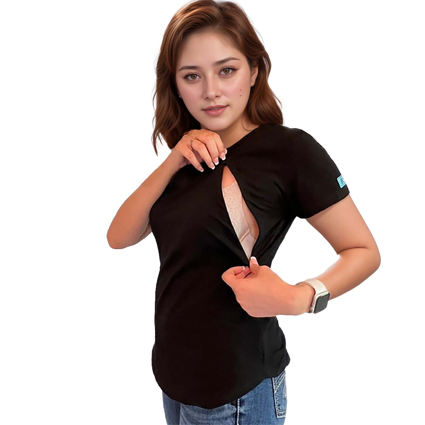 Diagonal Zip Tee in Black: Cotton Nursing T-Shirt for Breastfeeding - Comfortable, Stretchy Top with Hidden Zippers
