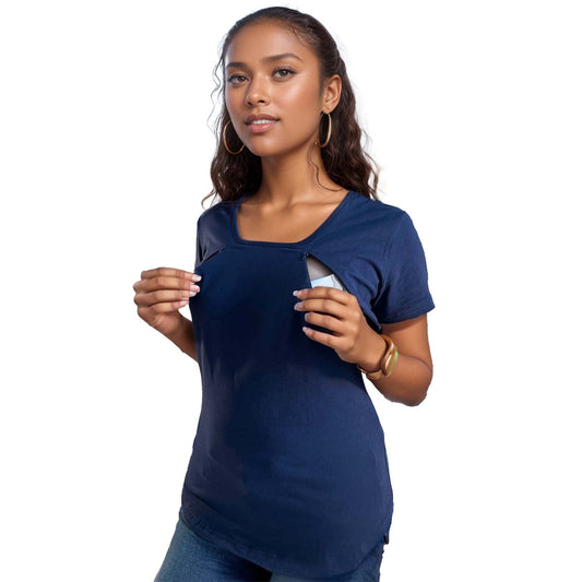 Navy Blue Cotton Nursing T-Shirt for Breastfeeding - Comfortable, Stylish Top with Hidden Zippers